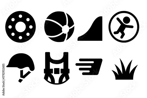 Outdoor Inflatable Adventure. Solid style icons of Outdoor Inflatable Fun: Zorb, Giant Ball, Hill, Rolling, Helmet, Harness, Speed