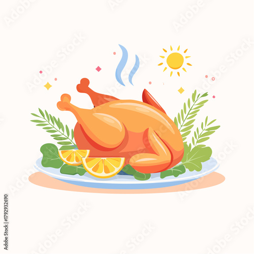Delicious roasted chicken or turkey on a platter with lemon and greens, a festive holiday meal vector illustration