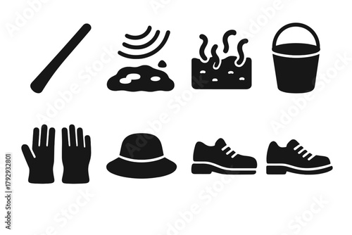 Outdoor Worm Charming Icons. Solid style icons of Outdoor Worm Charming: Stick, Wet Soil, Vibrations, Emerging Worms, Bucket,