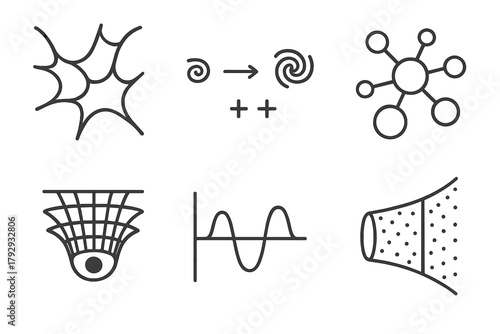 Dark Matter Icons. Line style icons of dark matter: structure formation, galaxy growth diagram, matter clumping icon,