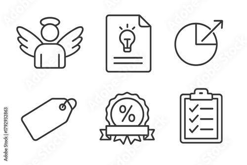 Angel Investing Icons. Line style icons of Angel Investing Basics: Angel investor icon, startup pitch file, funding round chart,