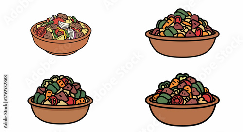 Bowls of colorful chopped salad ingredients