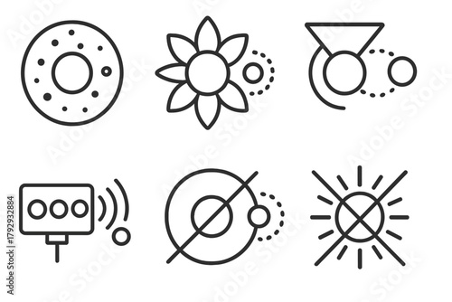 Exoplanetary Observation Icons. Line style icons of exoplanets: direct imaging icon, star shade, coronagraph tool, blocked