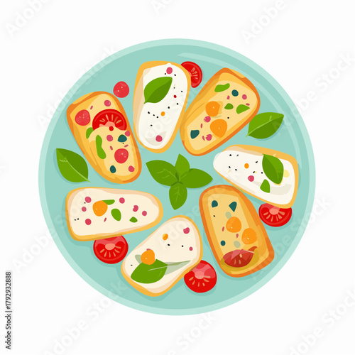 Vibrant illustration of healthy appetizers on a blue plate. Toasted bread bites with creamy spread, fresh cherry tomatoes, and basil. Ideal for light snacks, parties or simple meals