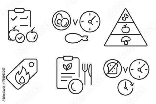 Diet Comparison Icons. Line style icons of intermittent fasting: comparison with diets, keto vs fasting icon, paleo chart, calorie