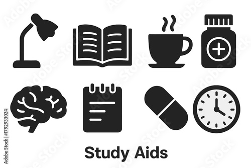 Study Icons Set. Solid style icons of Study Aids: Desk Lamp, Open Book, Coffee Cup, Pill Bottle, Brain Symbol, Notepad, Capsule,