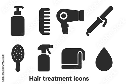 Hair Care Icons. Solid style icons of Hair Treatment: Lotion Bottle, Comb, Hair Dryer, Curling Rod, Brush, Spray, Towel, Drop Icon