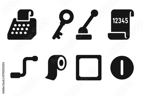 Retro Math Instruments. Solid style icons of Retro Math Tools: Adding Machine, Keys, Lever, Printed Numbers, Crank, Paper Roll,