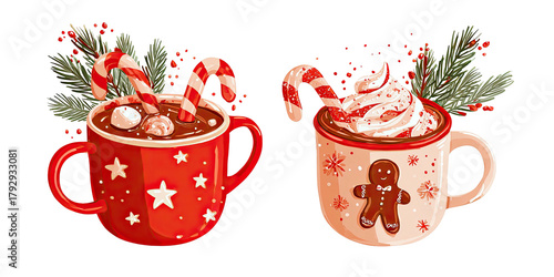 Two festive mugs of hot cocoa with candy canes and festive decorations