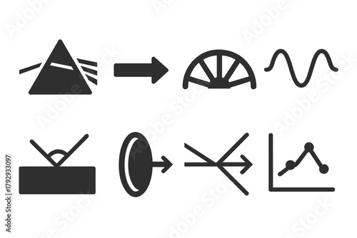 Spectral Analysis Icons. Solid style icons of Spectral Analysis: Prism, Light Beam, Color Spectrum, Wavelength, Refraction Angle,