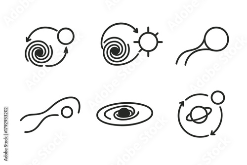 Black Hole Icons. Line style icons of black holes: x-ray binary system, stellar companion, accreting black hole, gas stream icon,