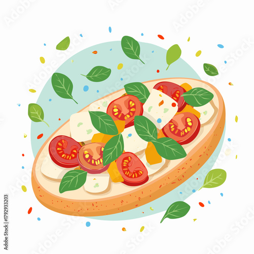 Delicious Open-Faced Sandwich with Fresh Tomatoes, Mozzarella, and Basil Leaves - A Healthy and Vibrant Meal Illustration