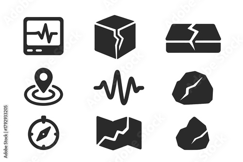 Earthquake Study Icons. Solid style icons of Earthquake Study: Seismograph, Fault Line, Cracked Ground, Epicenter, Wave Symbol,