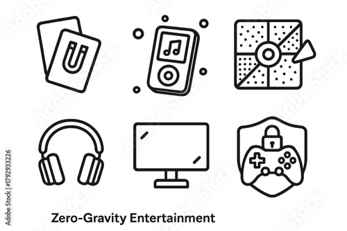 Zero-Gravity Entertainment Icons. Line style icons of Zero-Gravity Entertainment: magnetic cards, floating music player, velcro