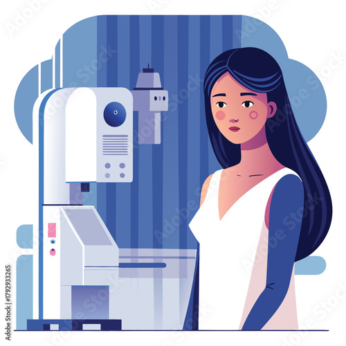 Woman undergoing a mammogram screening with a modern medical machine in a clinic setting Adobe Illustrator Artwork