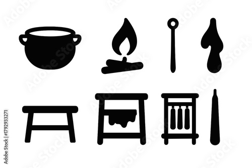 Old Candle Making Icons. Solid style icons of Old Candle Making: Iron Pot, Open Flame, Hanging Wick, Wax Drip, Wooden Stand, Rough