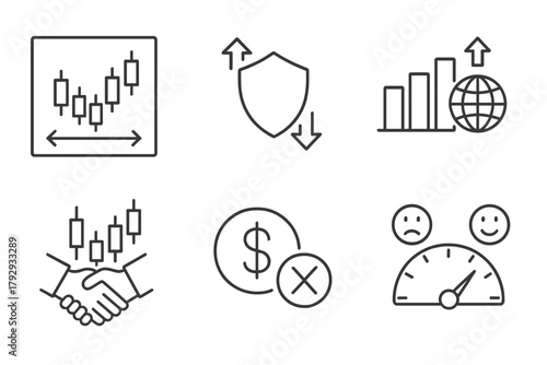 Forex Trading Icons. Line style icons of forex trading: spread comparison chart, position hedging icon, economic indicator data,