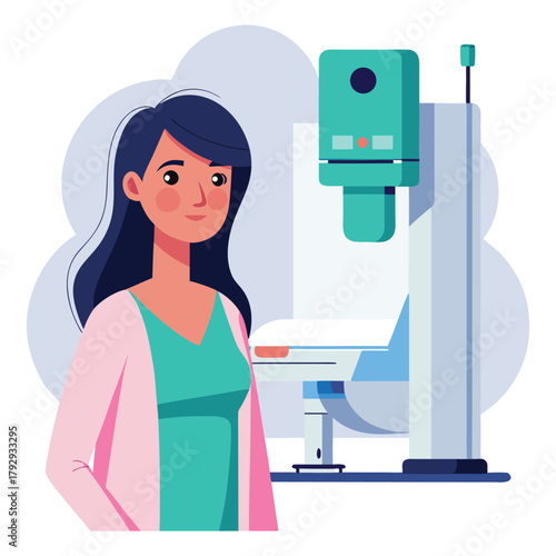 Woman standing next to mammography machine, representing breast cancer screening and healthcare Adobe Illustrator Artwork