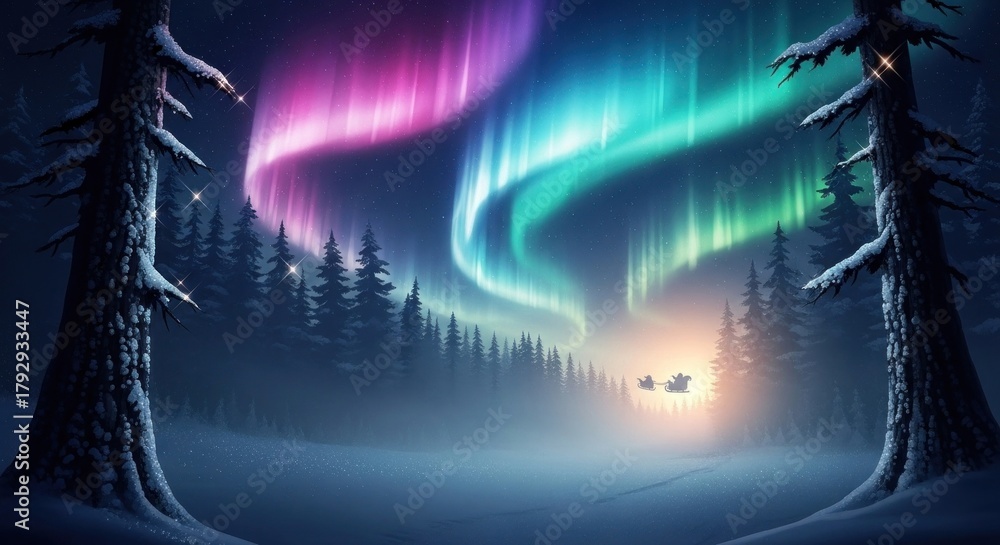 Obraz premium Vibrant aurora borealis displaying over forest and illuminated by light
