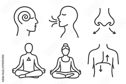 Holistic Breathing Icons. Line style icons of holistic healing: breathwork and prana, deep inhale symbol, breath flow lines,
