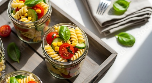 Healthy pasta salad in jars with fresh vegetables