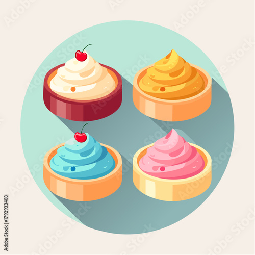 Colorful Isometric Desserts A Vector Illustration of Creamy Treats with Cherry Toppings in a Circular Design