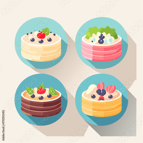 Delightful Dessert Collection A Variety of Cakes with Colorful Toppings, Perfect for Celebrations and Sweet Treats