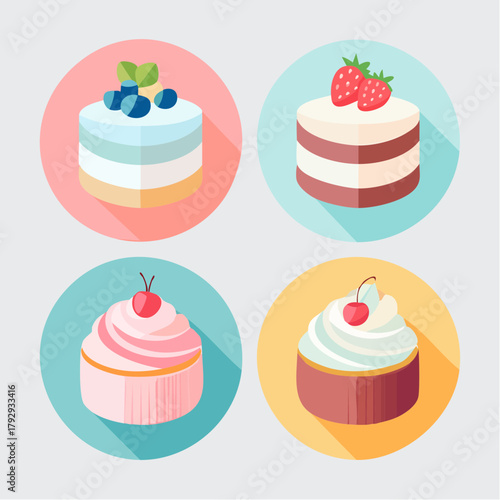Collection of flat design dessert icons. Features blueberry tarts, strawberry cakes, and cherry cupcakes. Ideal for web design, menus, and sweet treat promotions
