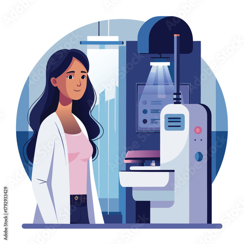 A female doctor stands next to a mammography machine, representing breast cancer screening and healthcare Adobe Illustrator Artwork