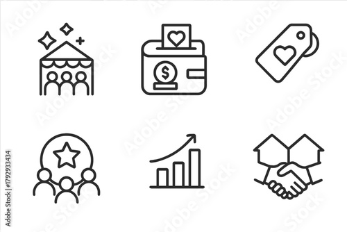 Franchise Community Icons. Line style icons of Franchise Community Engagement: Local event icon, charity drive file, sponsorship