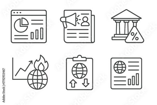 Forex Trading Icons. Line style icons of forex trading: economic indicators dashboard, unemployment news flash, bank rate change