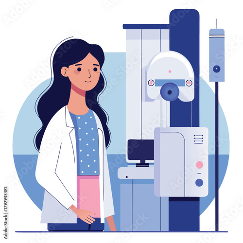 A female doctor stands beside a mammography machine, representing breast cancer screening and medical care Adobe Illustrator Artwork