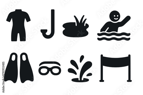 Offbeat Aquatic Icons. Solid style icons of Offbeat Aquatic Competitions: Wet Suit, Snorkel, Peat Bog, Quirky Challenge, Fins,