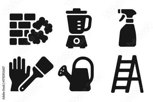 Urban Green DIY Icons. Solid style icons of Urban Green DIY: Concrete Wall, Moss, Blender, Spray Jar, Gloves, Brush, Watering Can,