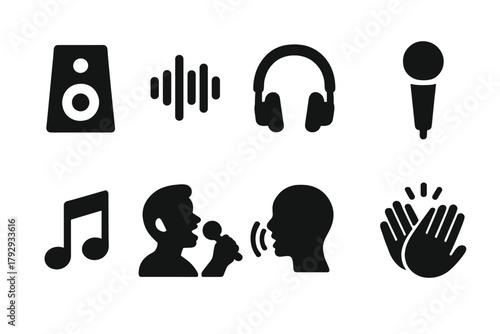 Sound Performance Icons. Solid style icons of Sound Performance: Speaker, Sound Wave, Headphones, Microphone, Music Note,