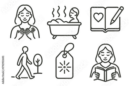 Holistic Healing Icons. Line style icons of holistic healing: holistic self-care, warm bath icon, journaling heart symbol, nature