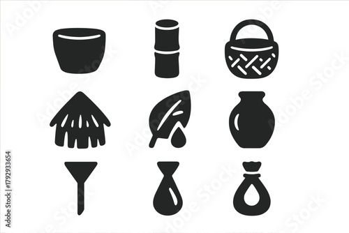 Primitive Dew Tools Icons. Solid style icons of Primitive Dew Tools: Stone Cup, Bamboo Tube, Woven Basket, Grass Roof, Dewy Leaf,