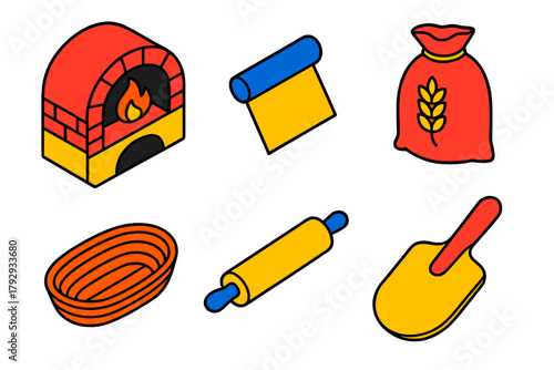 Artisan Bakery Toolkit. Isometric vector illustration set Artisan Bakery: Wood-Fired Oven, Dough Cutter, Grain Sack, Proofing