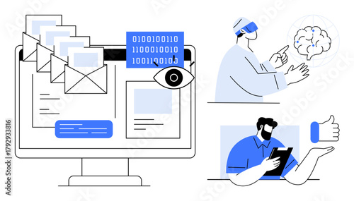 Computer screen with data and emails, person using virtual reality headset with AI, and a man holding a tablet. Ideal for artificial intelligence, technology, teamwork, data analysis, digital