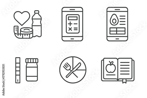 Keto Line Icons. Line style icons of ketogenic diet: keto lifestyle tools, keto calculator icon, nutrition app screen, ketone