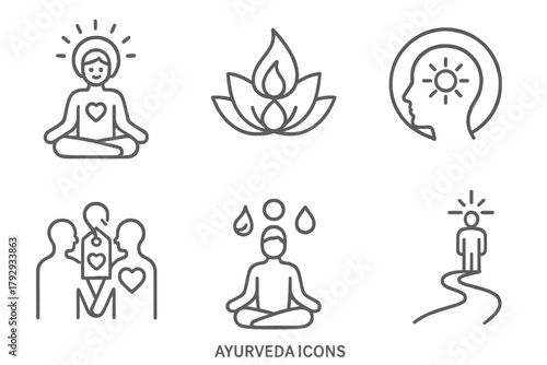 Ayurvedic Spiritual Icons. Line style icons of Ayurveda: spiritual health, inner light symbol, meditation with doshas, soul