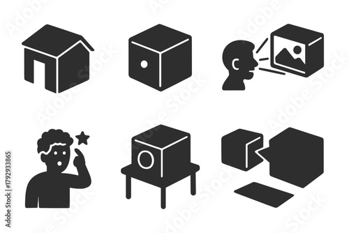 Vintage Camera Obscura Icons. Solid style icons of Vintage Camera Obscura: Dark Room, Pinhole, Projected Image, Wonder, Lens,