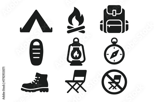 Camping Adventure Icons. Solid style icons of camping adventure: tent, campfire, backpack, sleeping bag, lantern, compass, hiking