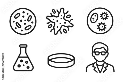 Microbiology Line Icons. Line style icons of microbiology: petri dish, bacterial colony, microscope view, cell culture, agar plate