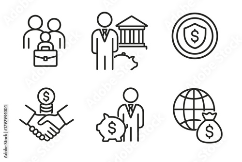 Hedge Fund Icons. Line style icons of hedge funds: family office investor, institutional investor icon, endowment fund badge,