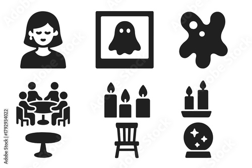 Historical Mediumship Icons. Solid style icons of Historical Mediumship: Medium, Spirit Photograph, Ectoplasm, Séance, Candles,