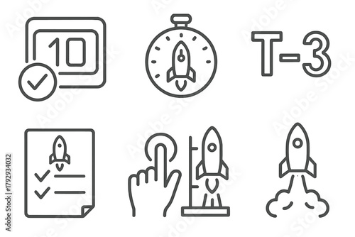 Space Exploration Icons. Line style icons of space exploration: launch countdown, mission clock, T-minus icon, final checklist,