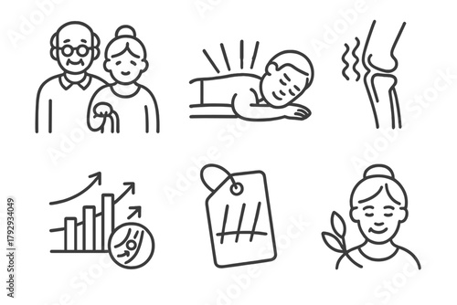 Acupuncture Therapy Icons. Line style icons of acupuncture: elderly care and support, aged person receiving acupuncture, joint