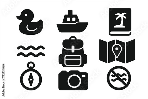 Oceanic Toy Icons. Solid style icons of Oceanic Toy Exploration: Rubber Duck, Boat, Travel Journal, Waves, Backpack, Map, Compass,