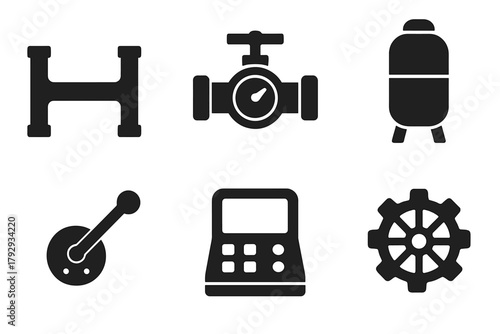 Industrial Icons Collection. Solid style icons of Industrial Systems: Pipe, Valve, Gauge, Capsule, Lever, Console, Wheel, Gear, No